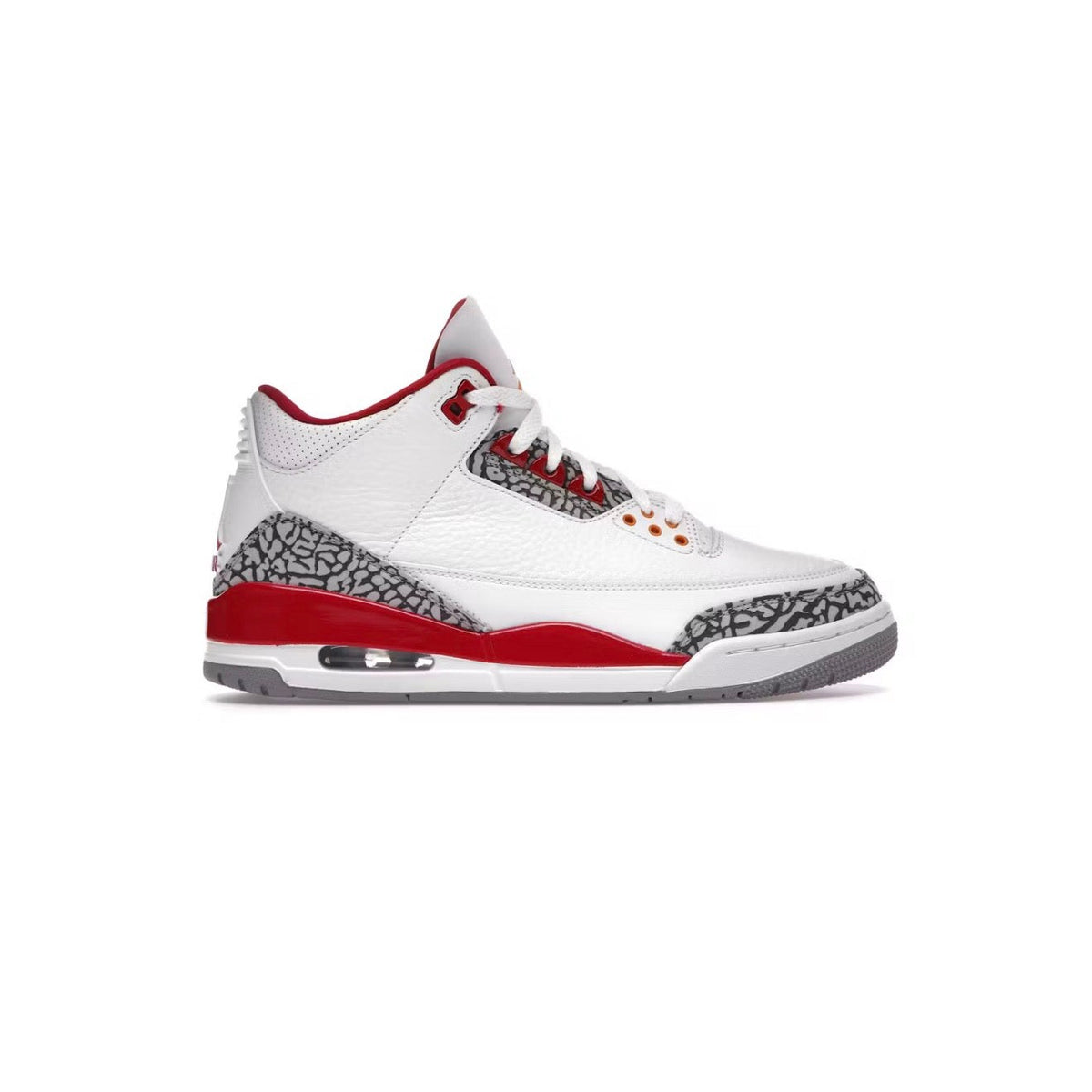 Air Jordan 3 Retro Cardinal Red. White leather sneaker with cardinal red accents, grey elephant print, & visible Air unit.