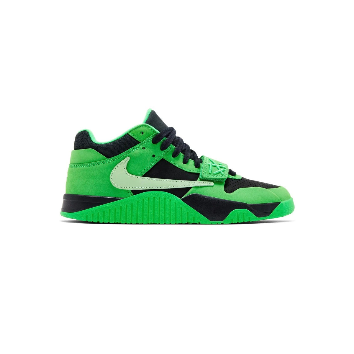 NIKE Jumpman Jack TR sneaker: Green Spark & black mid-top with a pale green Swoosh, Jumpman strap, and ridged sole.