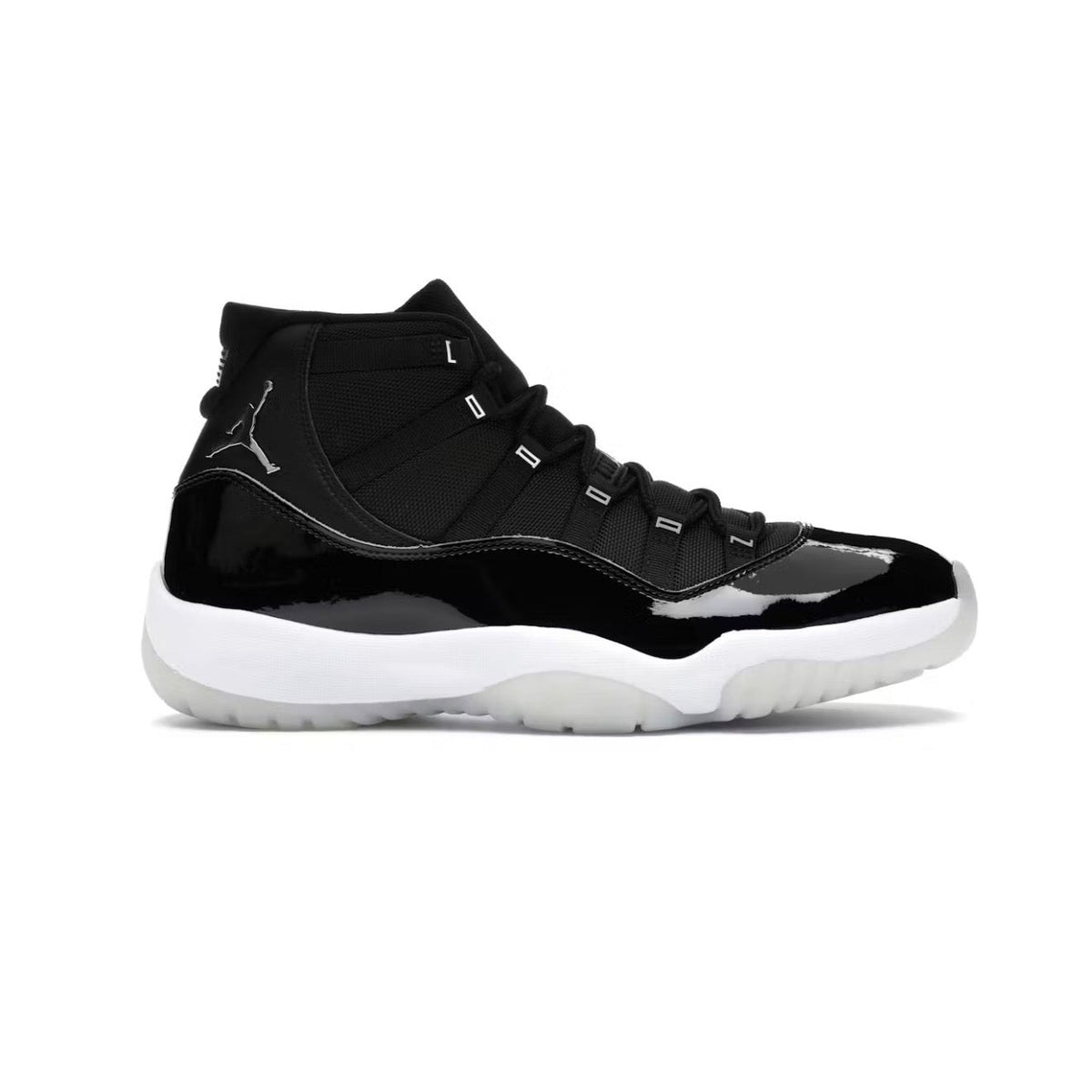 Air Jordan 11 Retro Jubilee high-top sneaker. Black patent leather & mesh, white midsole, icy translucent sole. Silver Jumpman.