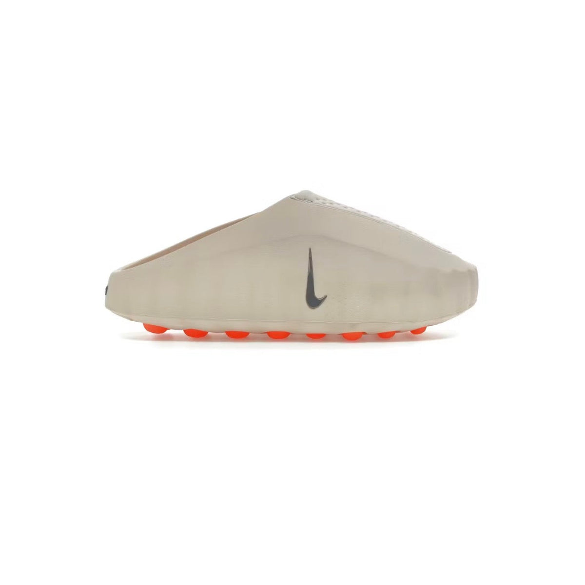 Light Bone NIKE Mind Slide backless clog with black Swoosh, textured upper, and vibrant orange sole nubs.