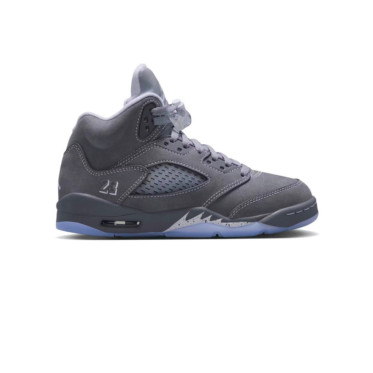 Air Jordan 5 Retro GS Wolf Grey sneaker. Dark grey high-top with side mesh, white "23" on heel, translucent blue sole with white jagged pattern.