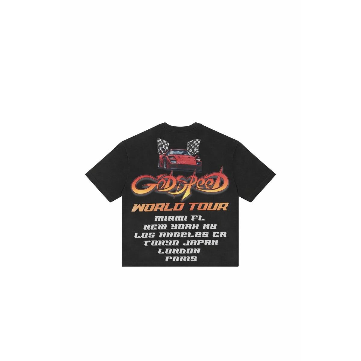 Black Godspeed tee with red sports car, checkered flags, and "WORLD TOUR" listing Miami, NY, LA, Tokyo, London, Paris.