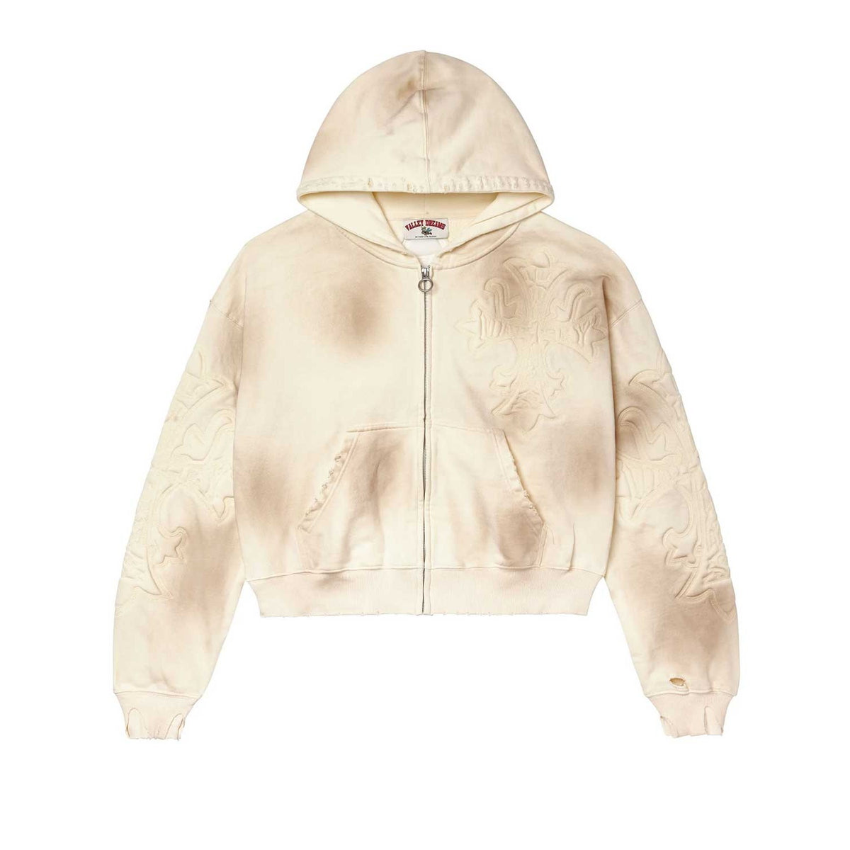 Vale Forever Carver Cream zip-up hoodie with brown distressed areas, embossed ornate swirl patterns, cropped fit, and raw hem.