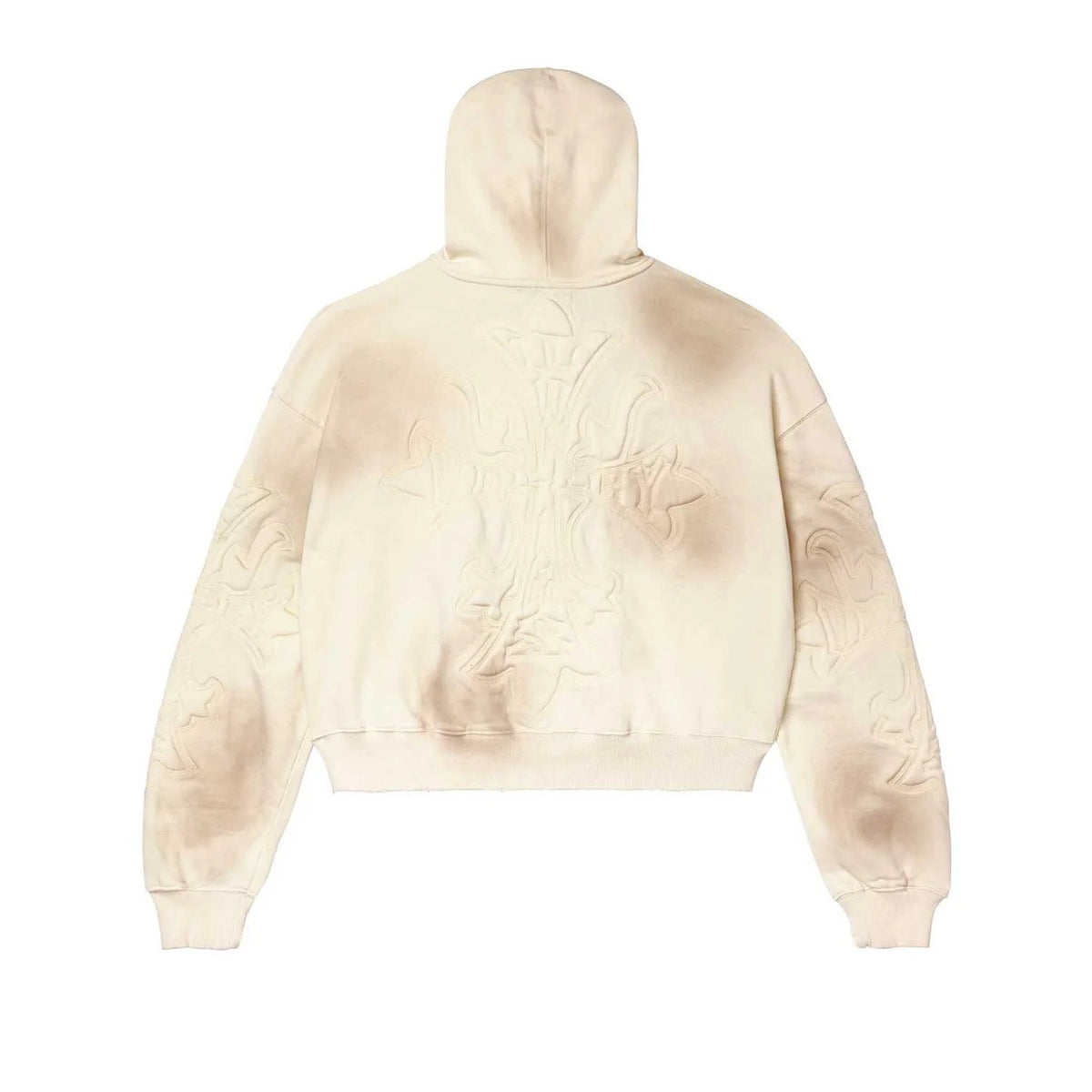 Vale Forever Carver cream zip-up hoodie, back view. Distressed wash with ornate embossed pattern on the back and sleeves.
