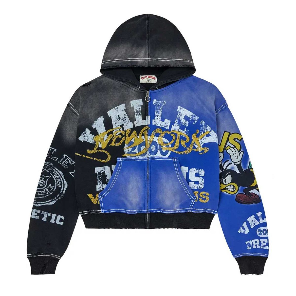 Vale Forever Bipolar zip-up, distressed black & blue split-color. White 'VALLE,' gold 'Forever' text, cartoons, front pockets.