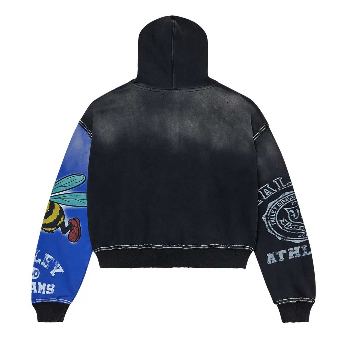Vale Forever Bipolar Zip-Up, back view. Distressed black body. Bright blue left sleeve with bee; black right sleeve with white athletic text/logo.