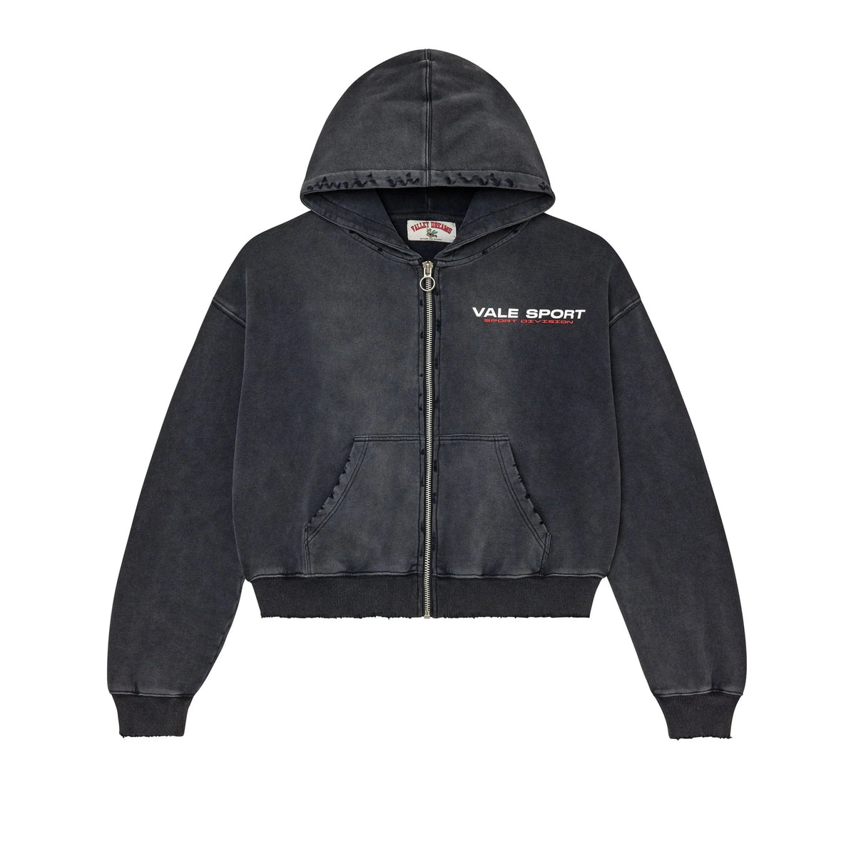 Faded black Vale Sport zip-up hoodie with white Vale Sport & red Sport Division text, silver zipper, front pocket, and frayed edges.