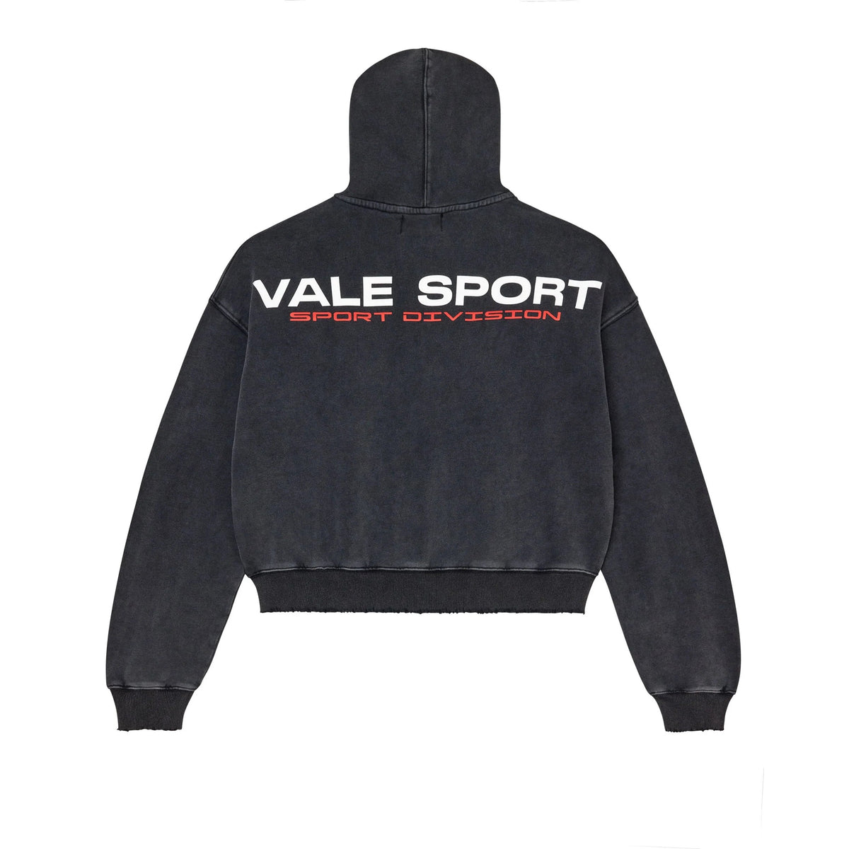 Washed black cropped zip-up hoodie with hood. VALE SPORT in white, SPORT DIVISION in red on back. Ribbed cuffs & frayed hem.