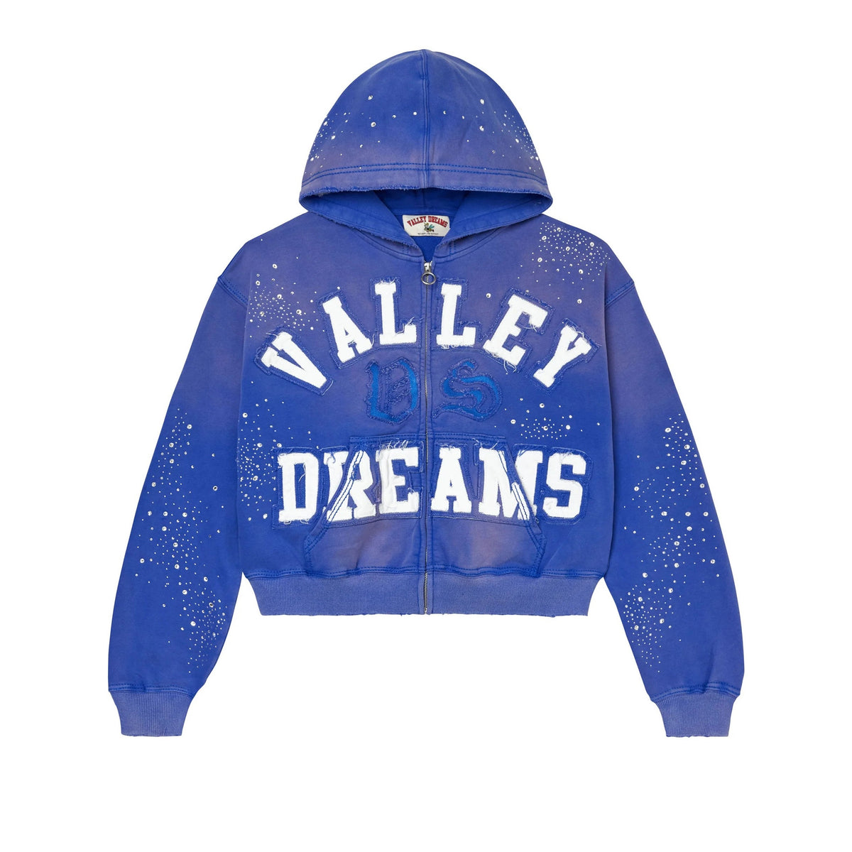 Distressed sapphire blue zip-up hoodie with "VALLEY DREAMS" in white applique. Scattered clear rhinestones on hood & sleeves.