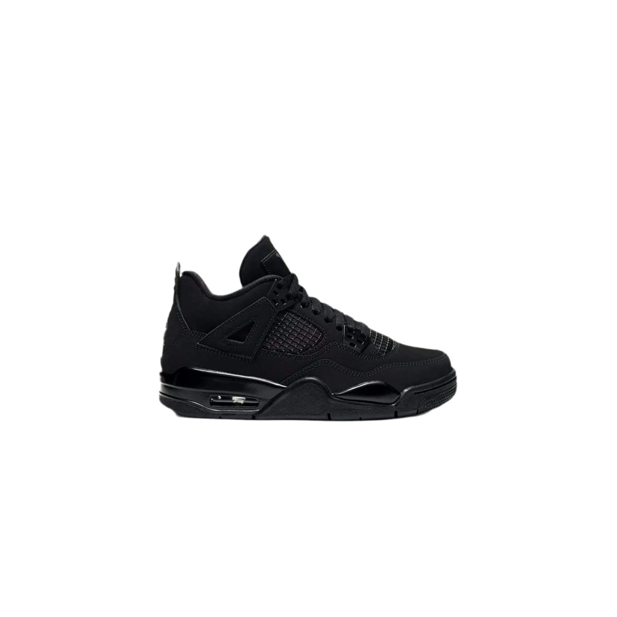 All black Air Jordan 4 Retro 'Black Cat' GS sneaker with mesh netting, plastic lace wings, and visible Air unit.
