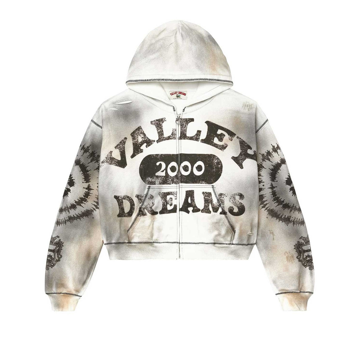 Vale Forever ash white spiral zip hoodie with distressed 'VALLEY 2000 DREAMS' graphic, contrast stitching, rips & sleeve patterns.