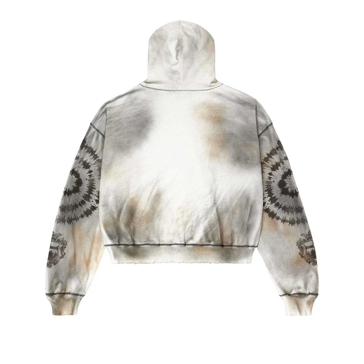 Vale Forever Ash White zip-up hoodie. Distressed with brown/gray splotches, dark spiral sleeve patterns & crests, black stitching.