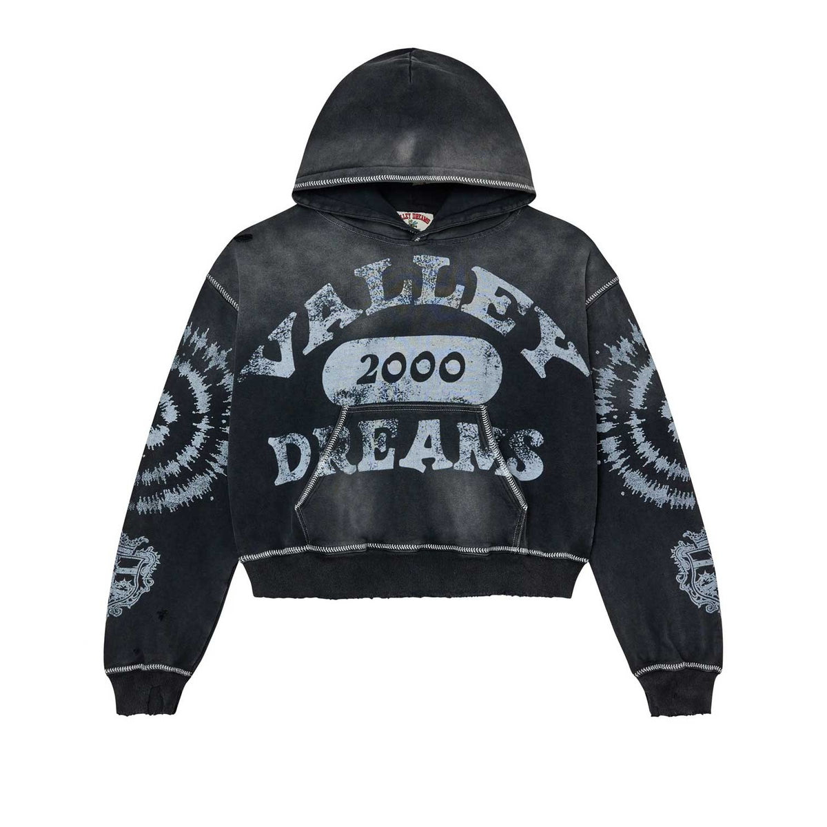 Distressed black pullover hoodie with 'VALLEY 2000 DREAMS' graphic. Faded spiral & crests on sleeves, exposed zig-zag stitching, raw hem.
