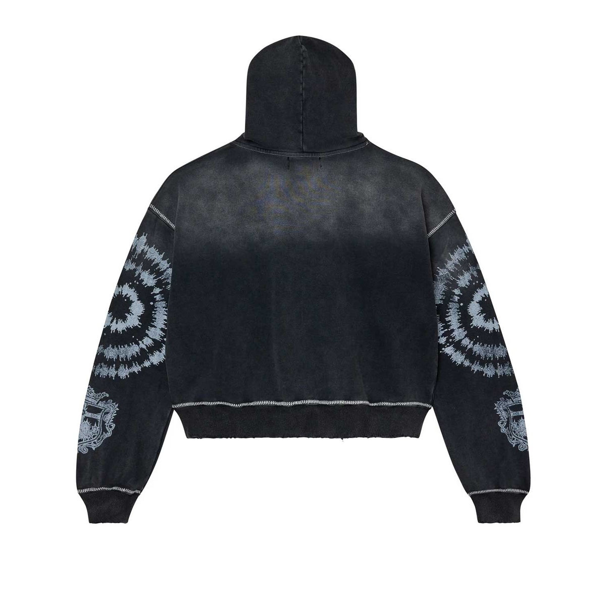 Vale Forever black washed hoodie. Grey spiral pattern, crests on sleeves. Cropped with light exposed stitching.
