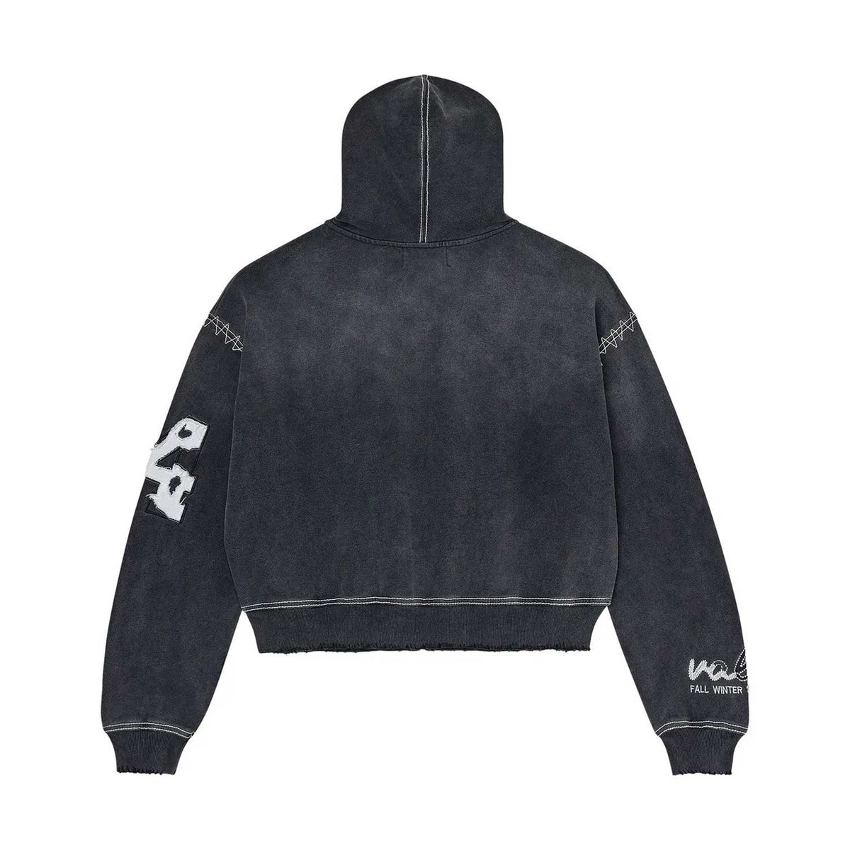 Washed black Vale Forever Sunny Zip Up hoodie. Cropped, white exposed stitching, 'VA' text on left sleeve, 'Val' logo on right.