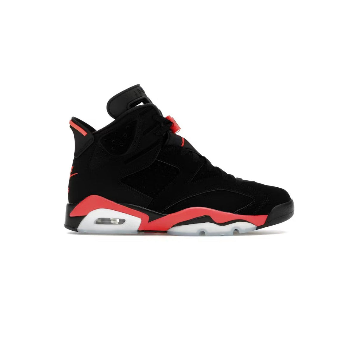 Air Jordan 6 Retro "Infrared" high-top sneaker. Black nubuck upper, Infrared red midsole, heel tab, and icy sole.