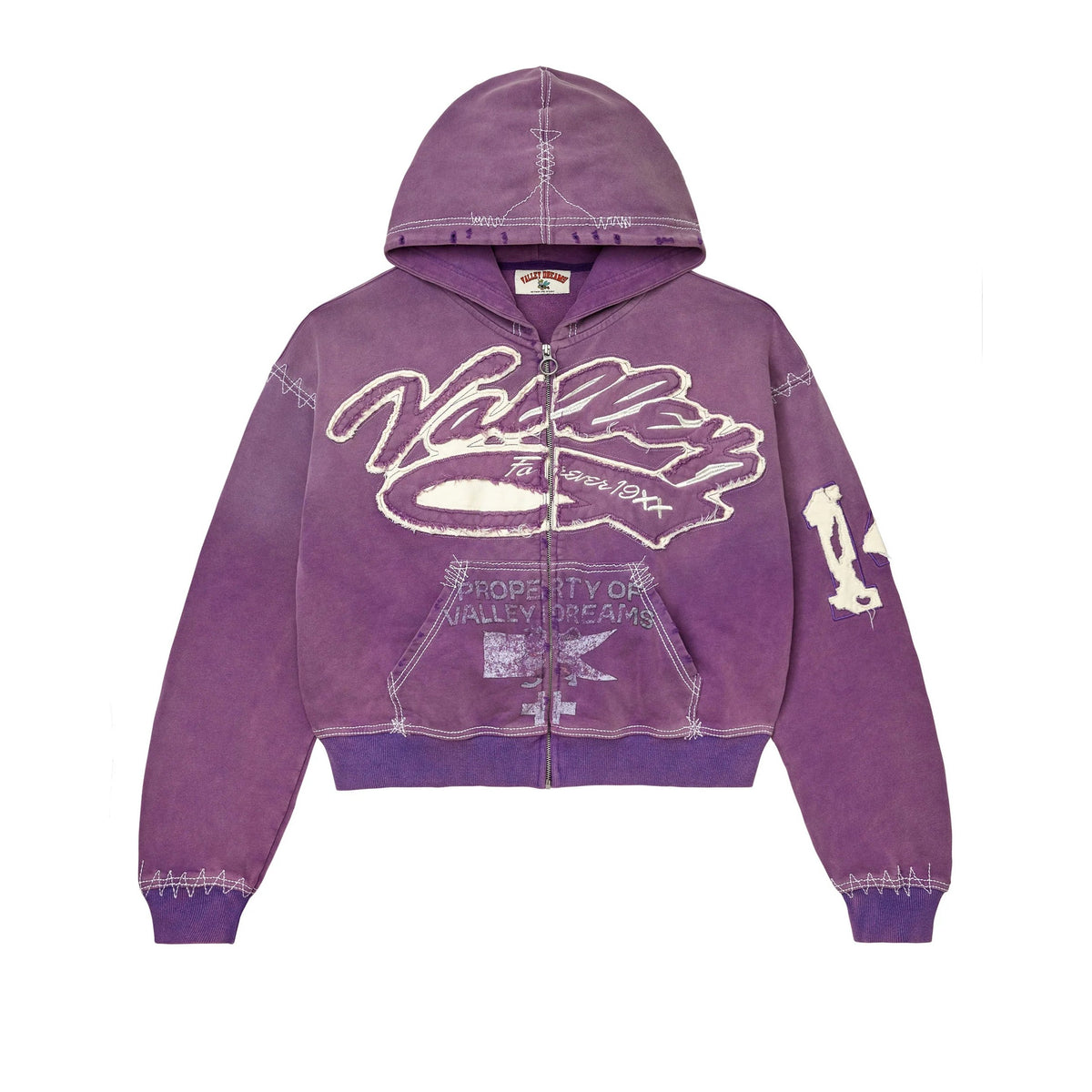 Cropped purple distressed zip-up hoodie with "Vale Forever 19XX" graphic, "Valley Dreams" details, & exposed white stitching.