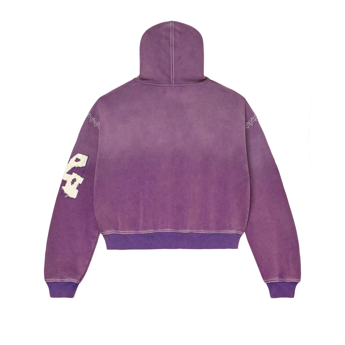 Cropped washed purple Vale Forever Religion zip-up hoodie, back. White exposed stitching, distressed 'V4' sleeve patch.
