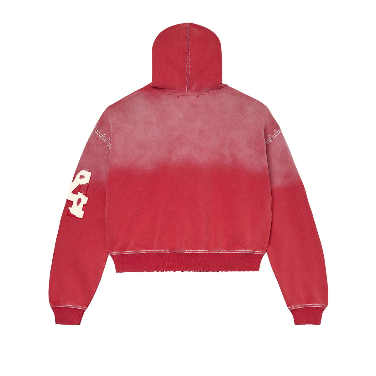 Vale Forever Religion faded red zip-up hoodie with white exposed stitching and white '24' appliqué on left sleeve.