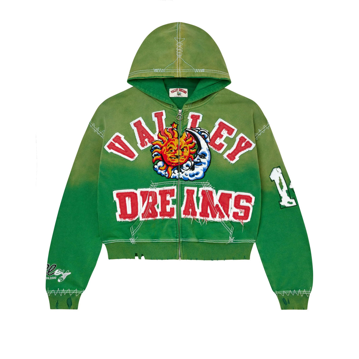 Vale Forever faded green 'Sunny Zip Up' with red/white 'VALLEY DREAMS' text, split sun/moon graphic, & white stitching.