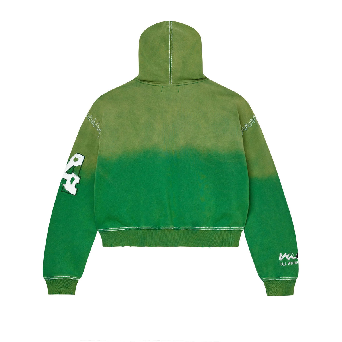 Vale Forever Sunny Zip Up back. Ombre green, faded top to dark bottom. White stitching, white "V4" on left sleeve, "FALL WINTER" right.