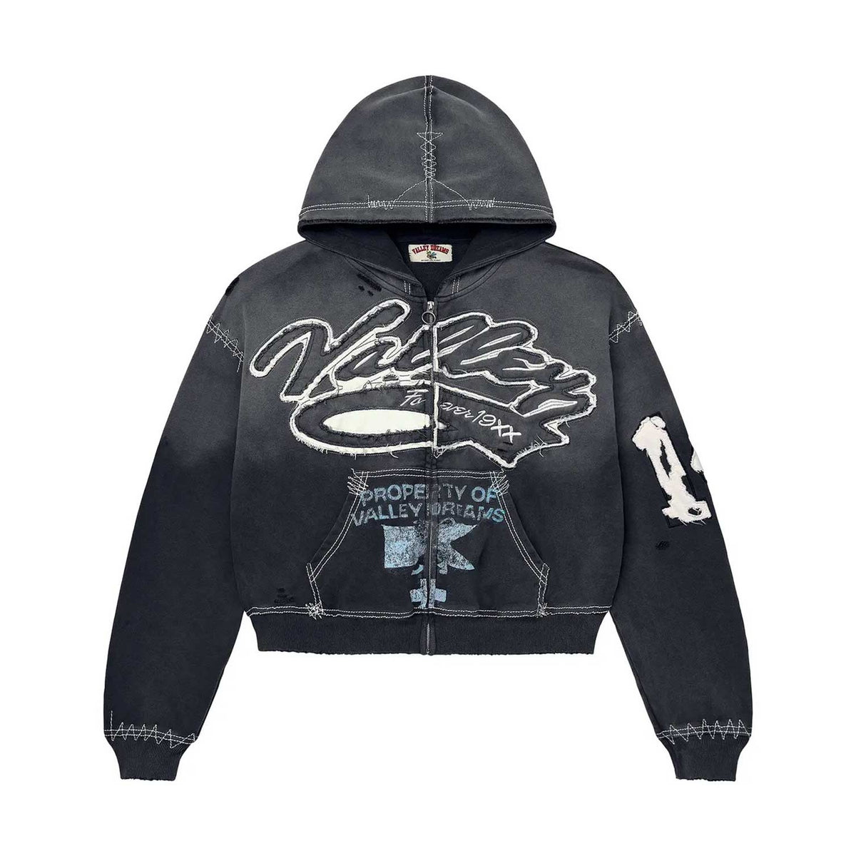 Black distressed cropped zip-up hoodie with large white "Vale Forever" graphic, exposed white stitching, and raw hems.
