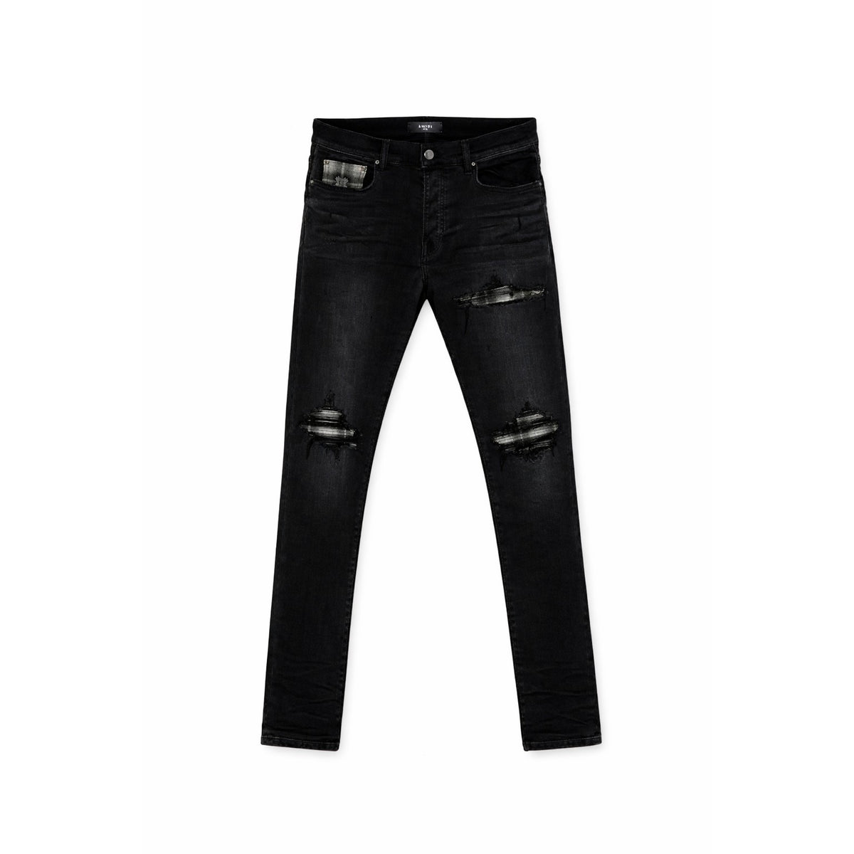 AMIRI Quad Plaid MX 1 Jeans, vintage black. Distressed with rips revealing black/grey plaid patches.