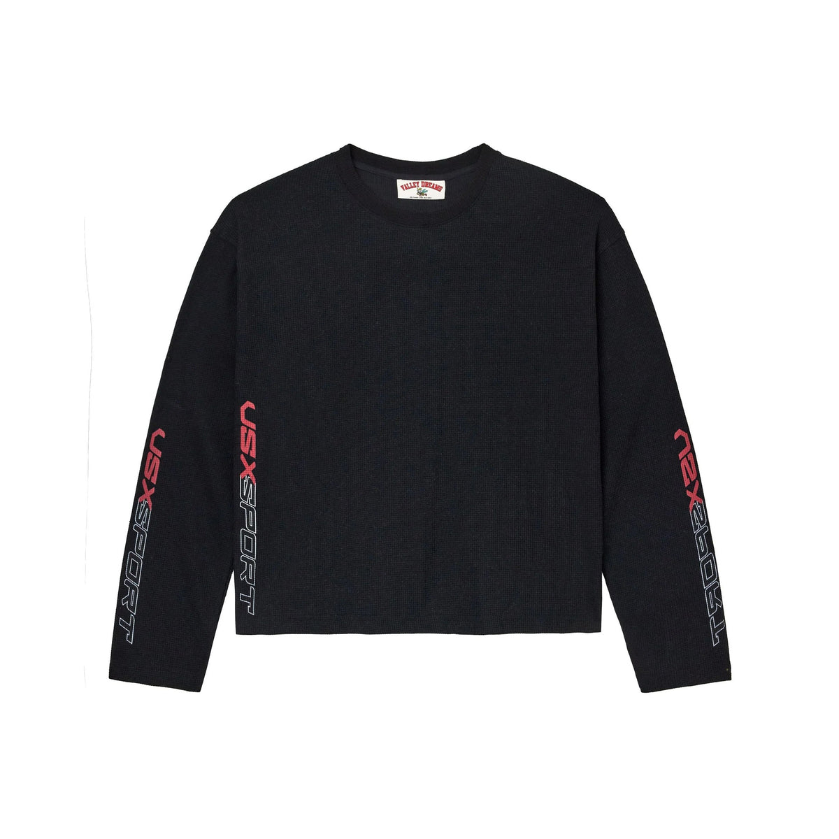 Black waffle-knit thermal tee with 'VSXSPORT' in red/blue gradient on sleeves & 'VALLEY DREAMS' neck tag.