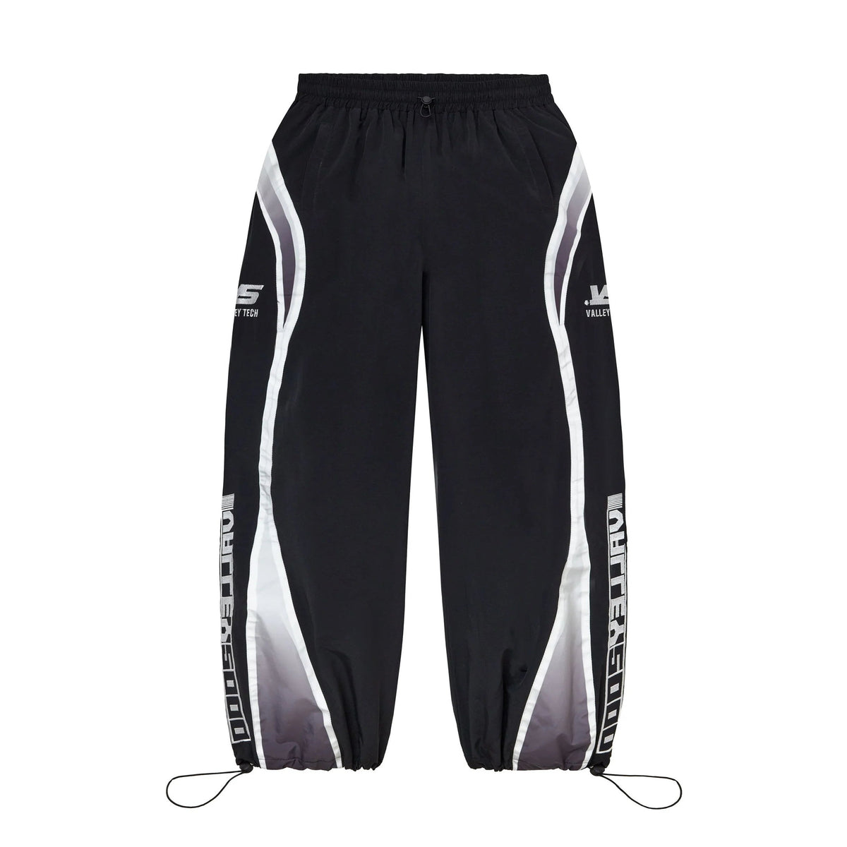 Black sweatpants with white & grey gradient side stripes. "VS VALLEY TECH", "VA VALLEY" logos, "OUTTERGOOD" text on lower legs. Drawstring waist & cuffs.