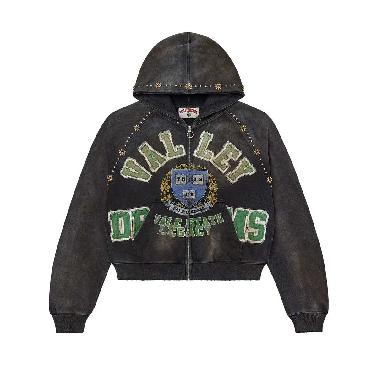 Black distressed cropped zip hoodie with green "VALLEY DREAMS" text & blue/gold crest, studded with colorful gems.