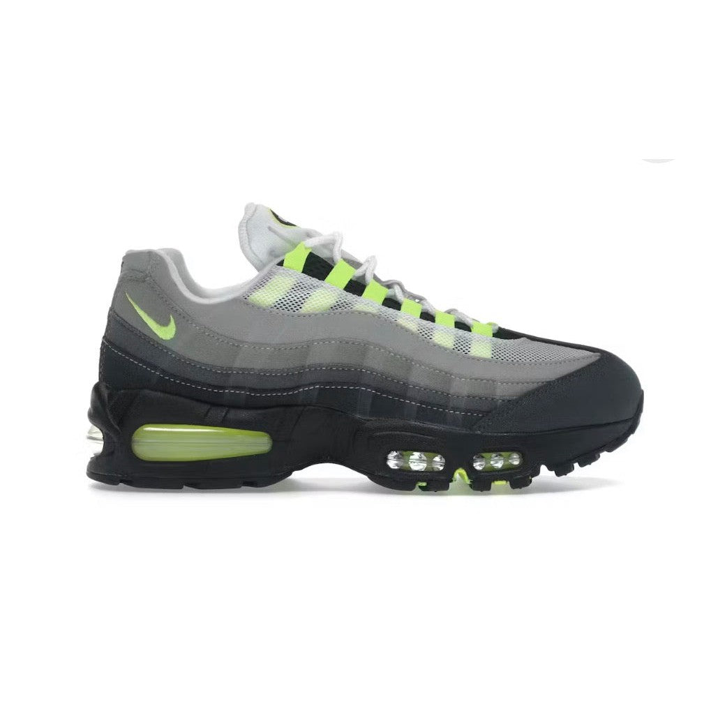 NIKE Air Max 95 OG "Neon" sneaker. Grey gradient upper, black sole, visible neon green Air Max units.