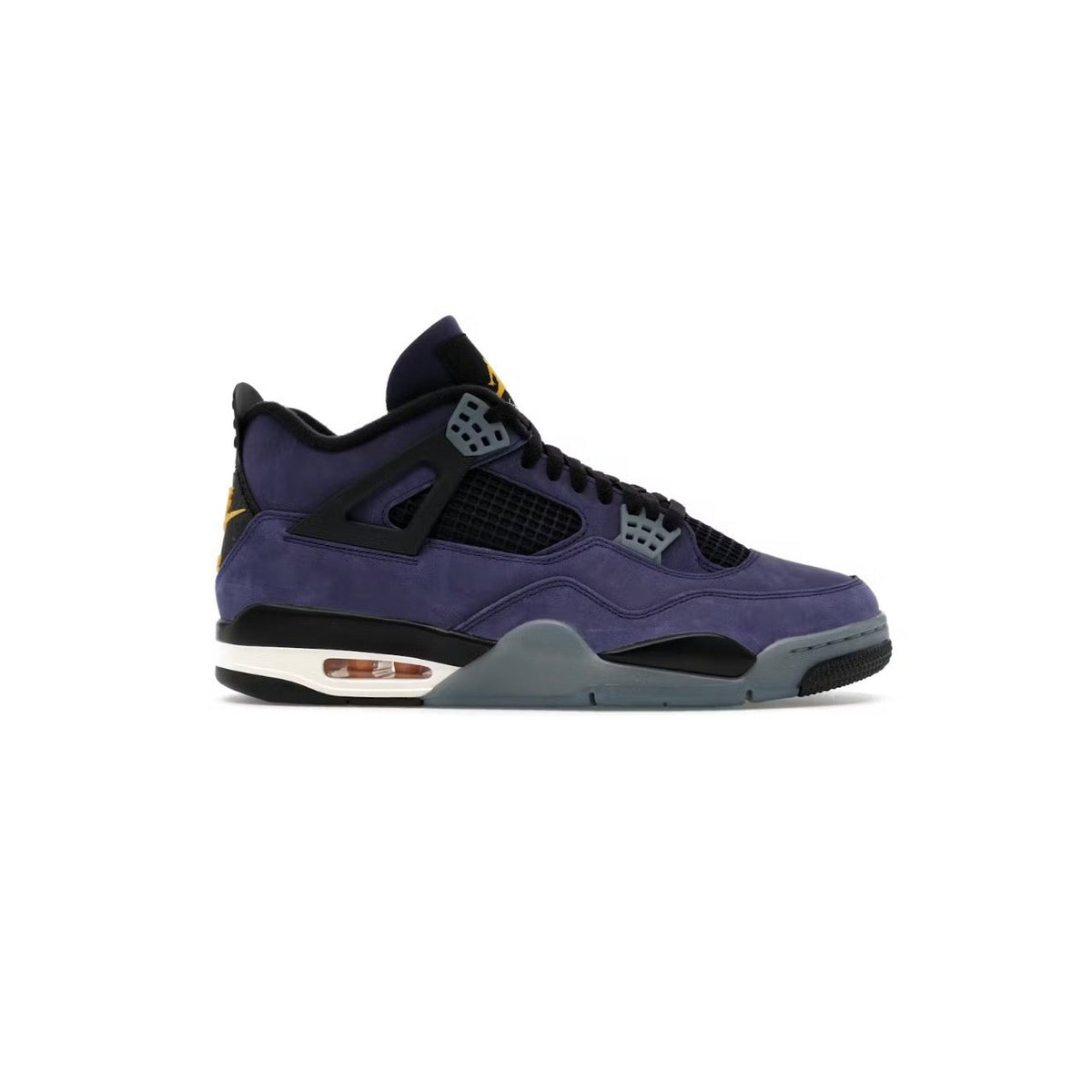 Air Jordan 4 Retro high-top in dark purple nubuck, black mesh, yellow Jumpman heel, white midsole with visible Air unit. Lakers colors.