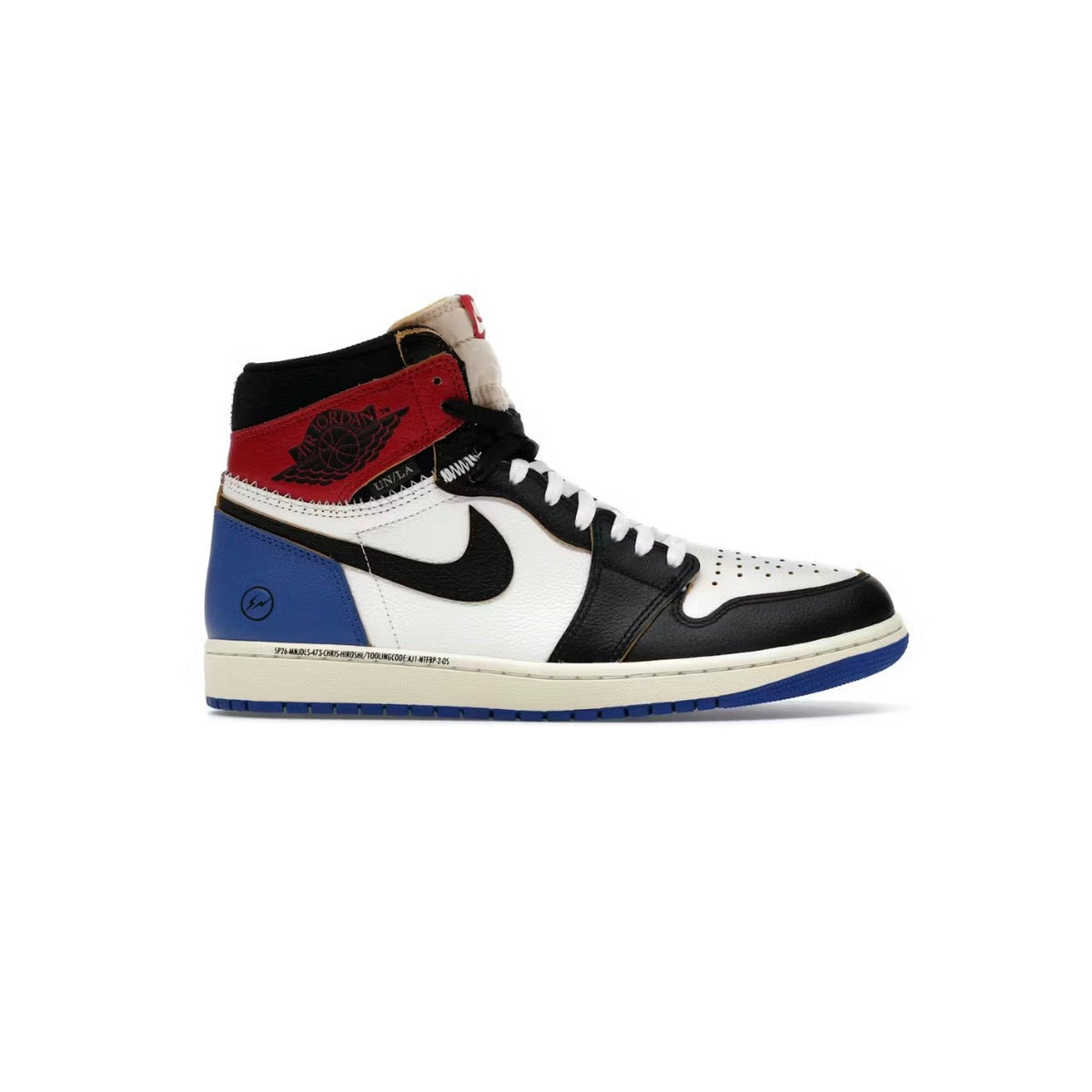 Air Jordan 1 High Union LA Fragment: white toe, black overlays, white quarter, blue heel, red ankle. Black Swoosh, UN/LA tag, Fragment bolt.