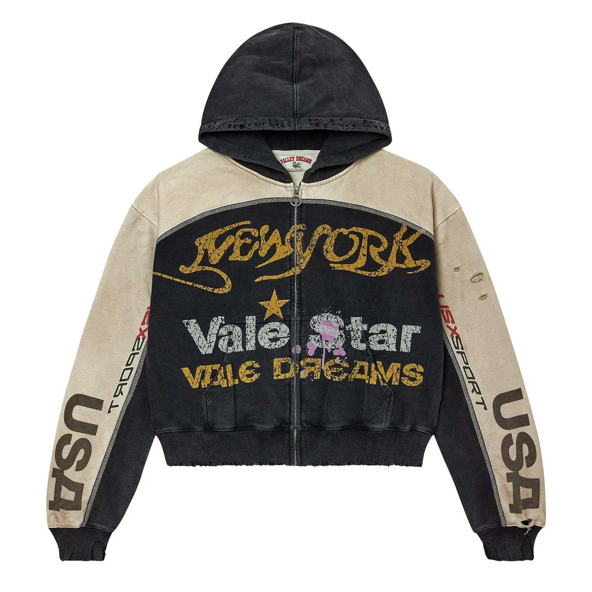 Distressed black Vale Forever Star Zip Up hoodie with beige accents, 'New York', 'Vale Star', 'USA' graphics, cropped.