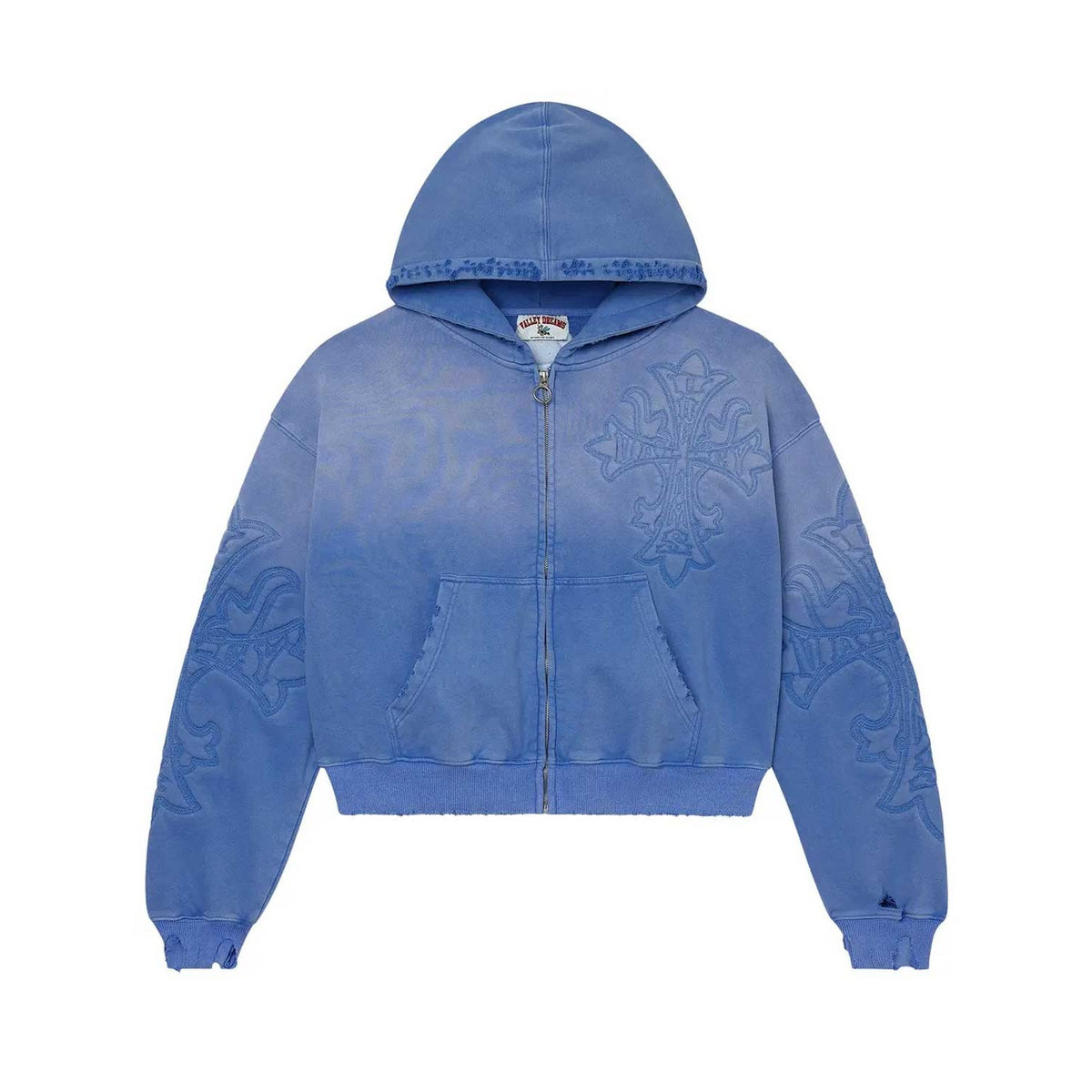 Blue faded, cropped Vale Forever Carver zip-up hoodie with ornate cross embroidery on chest & sleeves, front pockets.