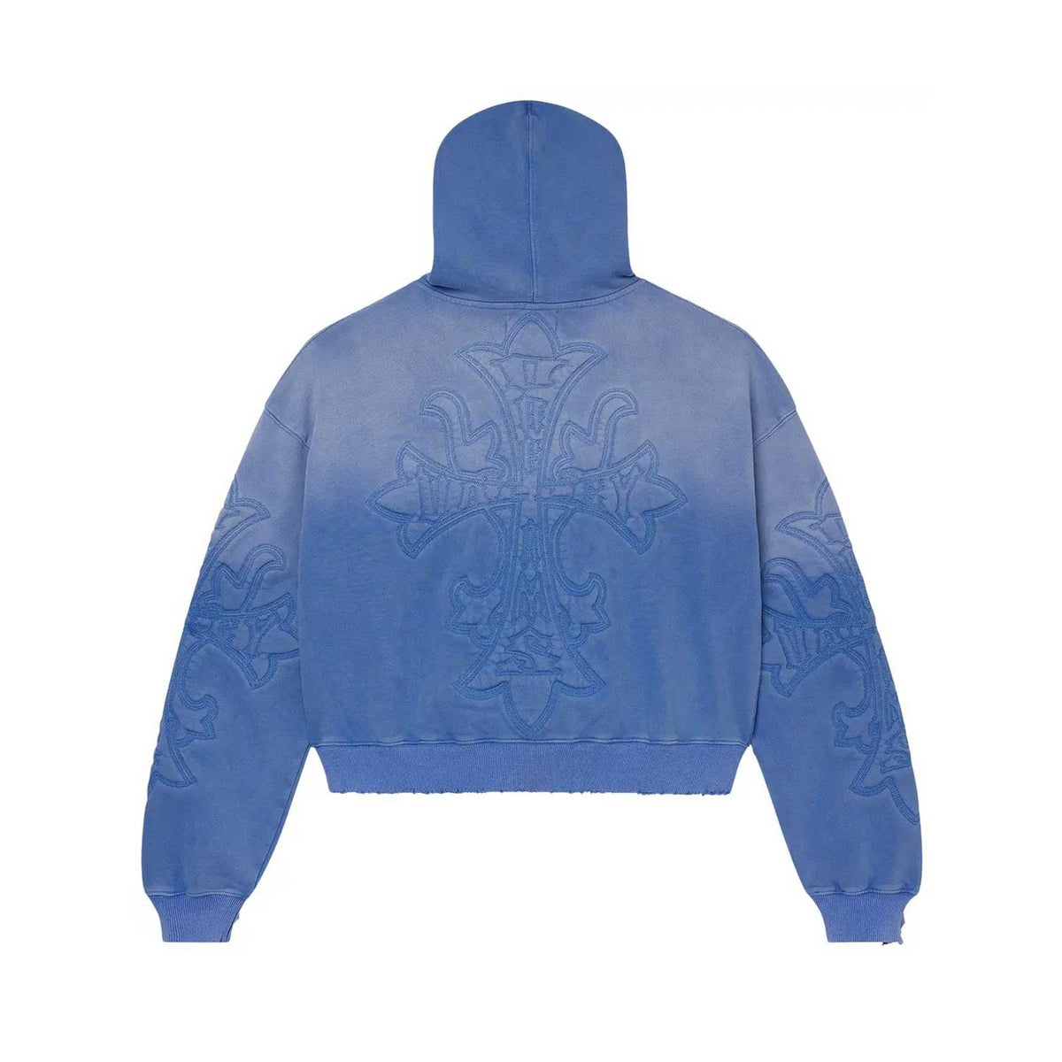 Vale Forever Carver washed blue cropped zip-up hoodie, back view, with large embossed cross & ornate sleeve designs.