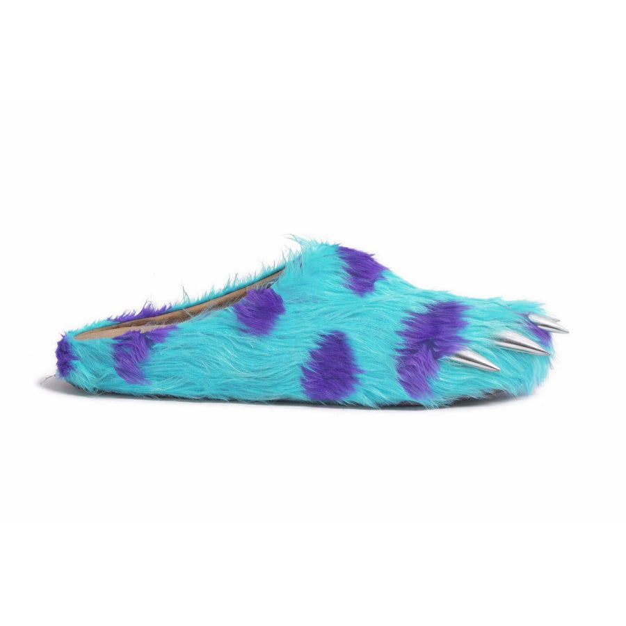Bravest Studio Monster Bear Claw Mule: fuzzy aqua blue shoe with purple spots and silver claws on the toe.