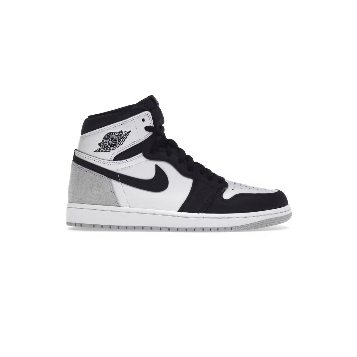 Air Jordan 1 High OG sneaker with black toe/midpanel, white side/midsole, grey heel, black Swoosh, Wings logo.