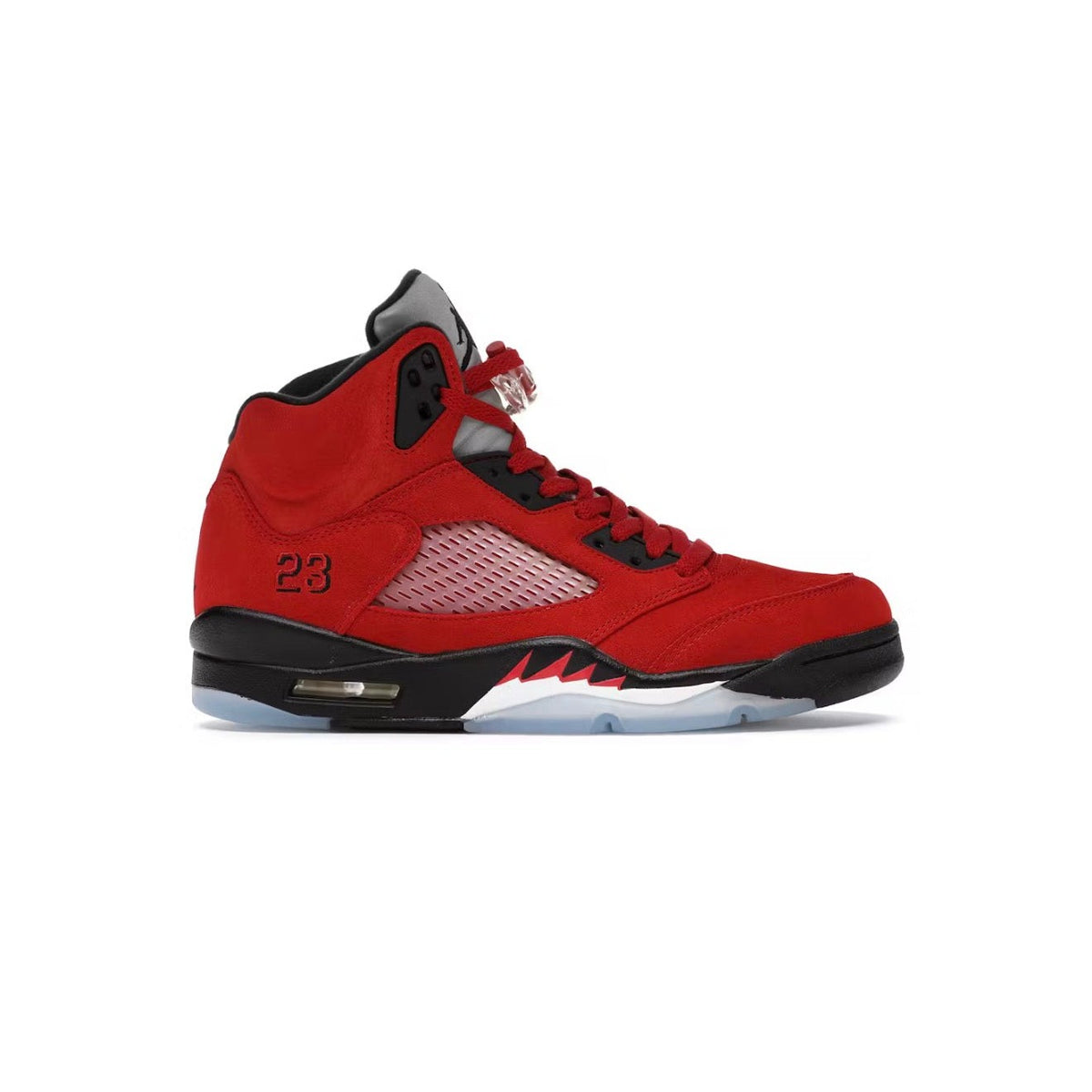 Air Jordan 5 Retro "Raging Bull Red" sneaker. Red suede upper, mesh panel, "23" on heel, black midsole with white shark teeth, icy sole.