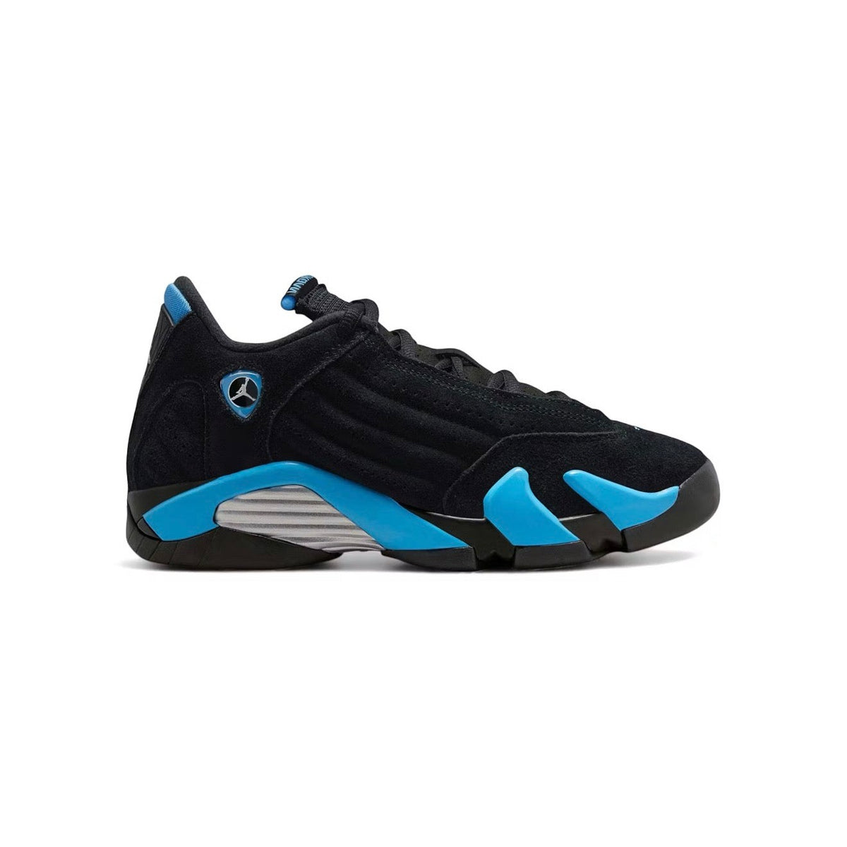 Air Jordan 14 Retro sneaker in black suede with University Blue accents, silver midfoot panel, and Jumpman logo.