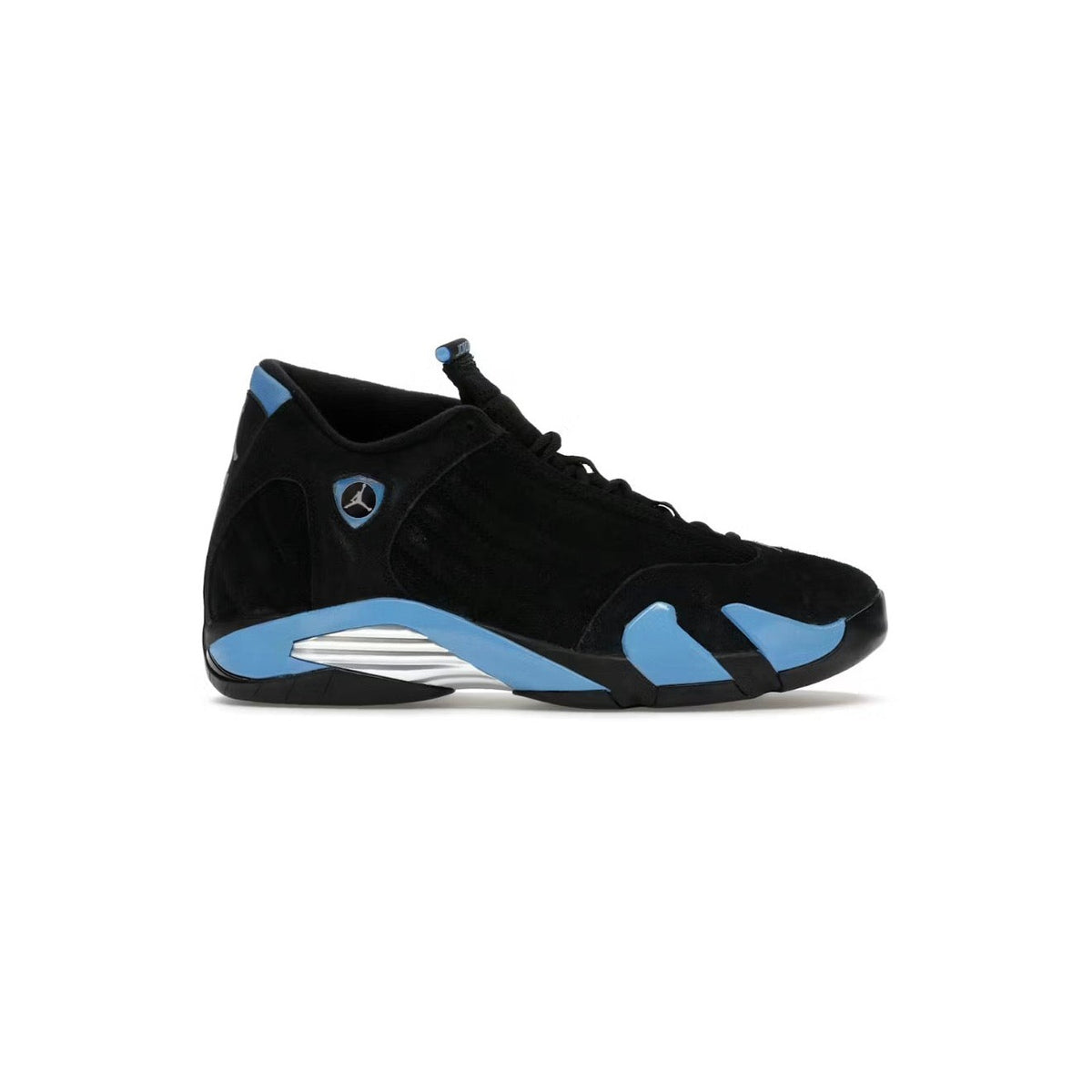 Air Jordan 14 Retro sneaker with black upper, University Blue midsole & accents. Jumpman logo visible. Silver midfoot detail.