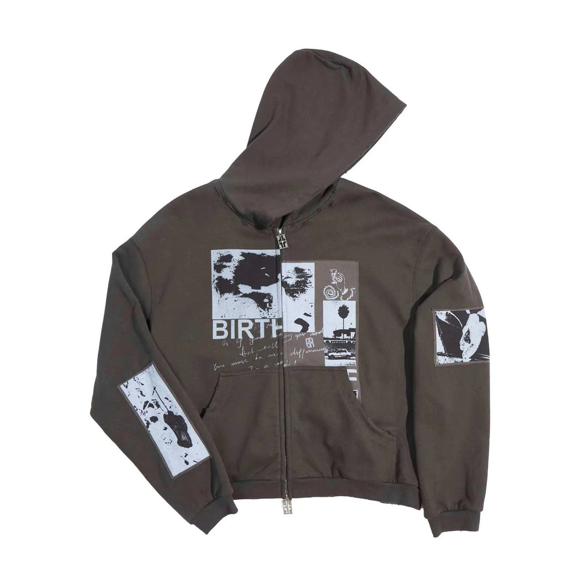Washed black full-zip hoodie with 'BIRTH' text & abstract collage graphics on front, plus B&W patches on sleeves.