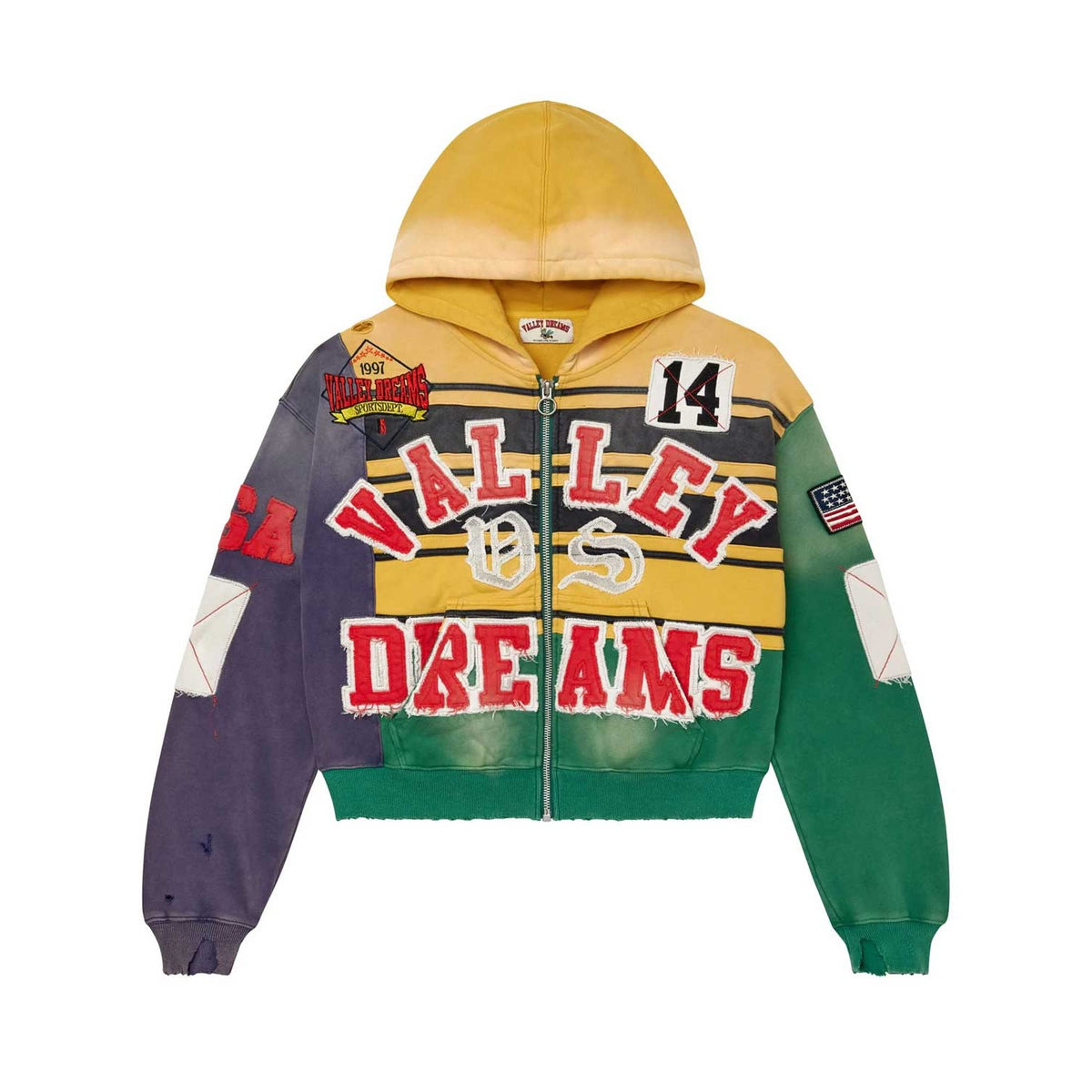 Distressed Vale Forever Collage Zip-Up. Yellow hood, Mardi Gras colors: striped body, purple/green sleeves. Red "VALLEY DREAMS" text, various patches.