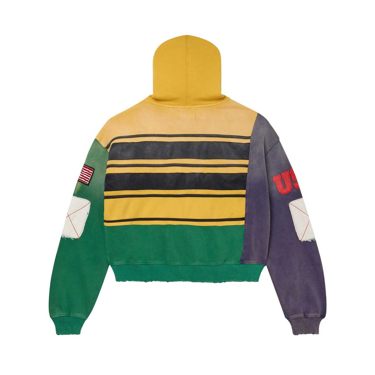 Vale Forever Collage Zip-Up, distressed patchwork. Yellow hood, black stripes, green left sleeve w/ US flag, purple right sleeve w/ red "US".