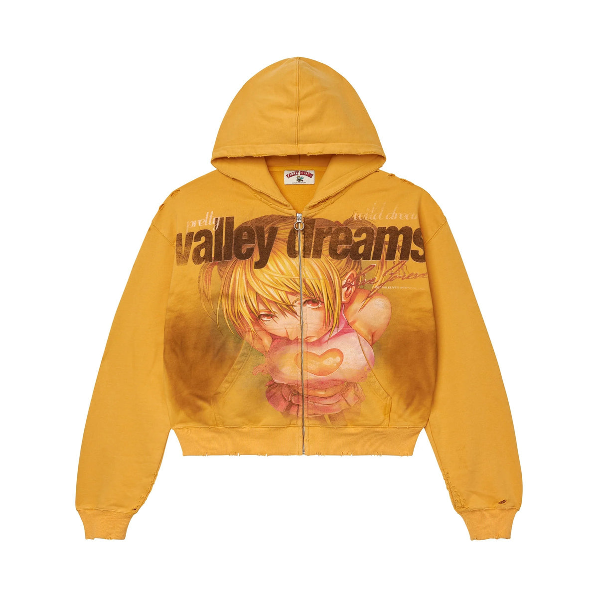 Gold distressed full zip hoodie with "Valley Dreams" text, an anime girl graphic, hood, and front pockets.