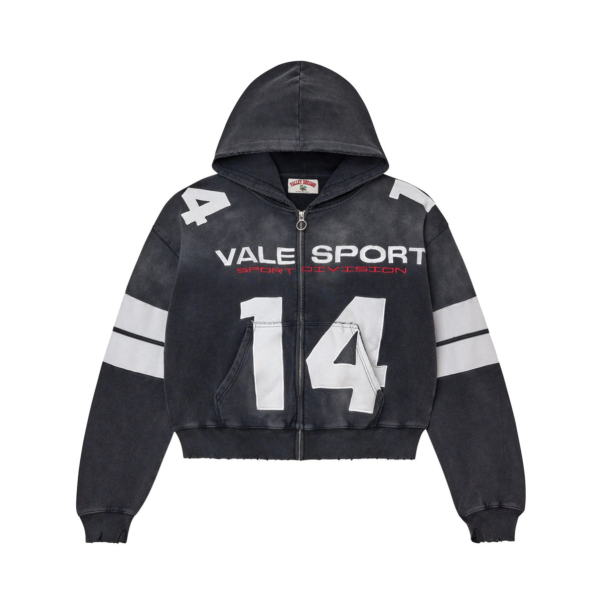 Washed black zip-up hoodie with white "VALE SPORT" & red "SPORT DIVISION" text. Large white "14" on pockets, "4" on shoulder. White arm stripes, hood, distressed finish.