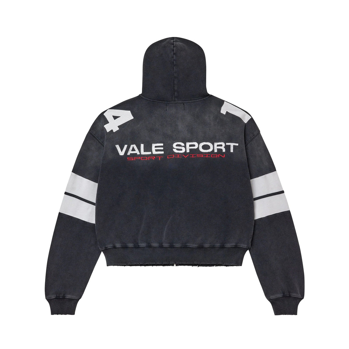 Black Vale Sport hooded sweatshirt, back view. White 'VALE SPORT' with red 'SPORT DIVISION,' large white 4/7 numbers & sleeve stripes, distressed hem.
