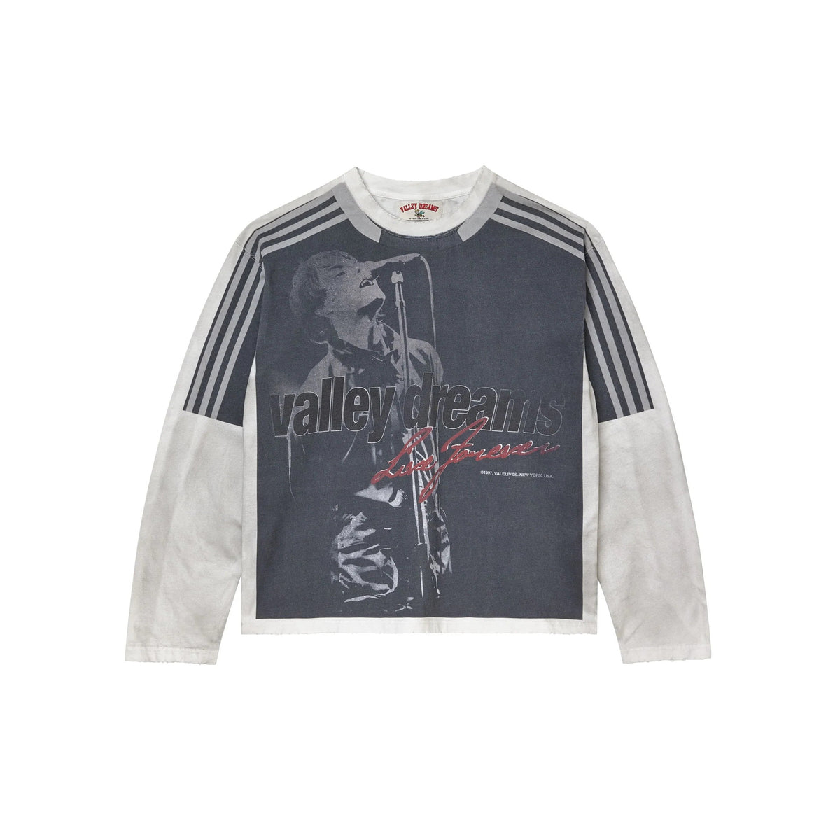 Grey Vale Forever Encore L/S tee. Dark grey body features singer graphic and "valley dreams". Light grey sleeves have 3 stripes.