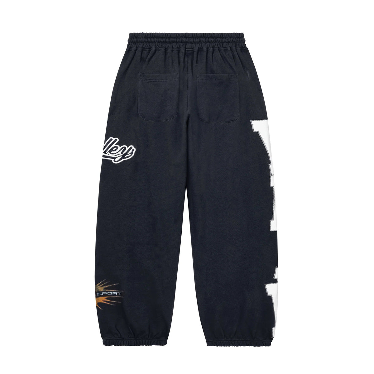 Blackwood Vale Forever dark gray sweatpants. White stylized 'Lego' on left leg, white 'VALE' on right leg. Sunburst 'SPORT' logo.