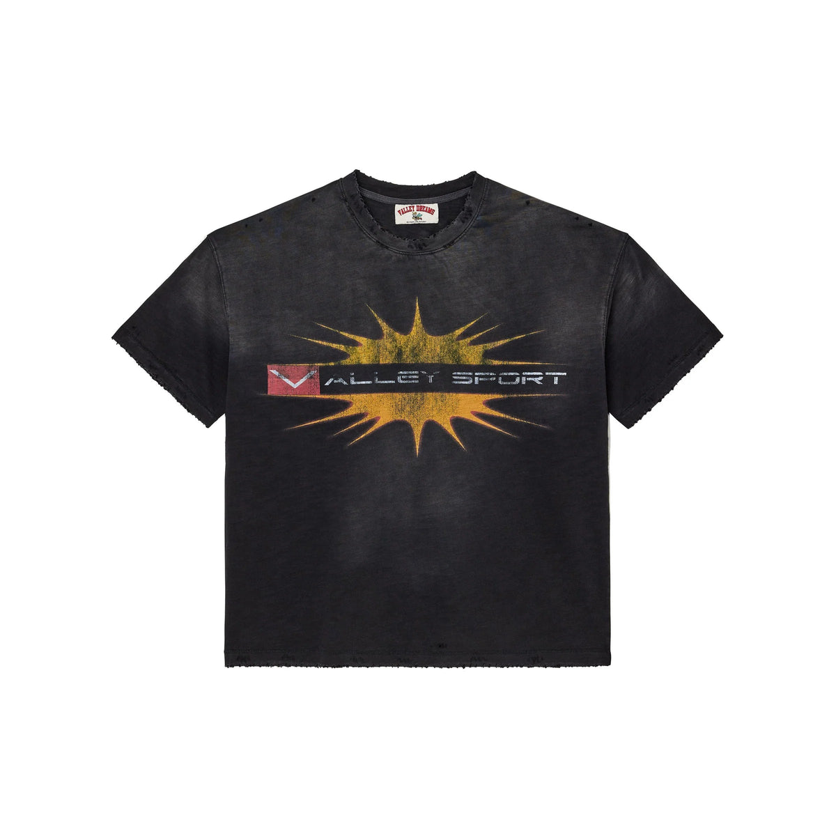 Vale Forever Sunshine Tee. Black distressed shirt with raw edges, a yellow sunburst graphic & 'VALLEY SPORT' text.
